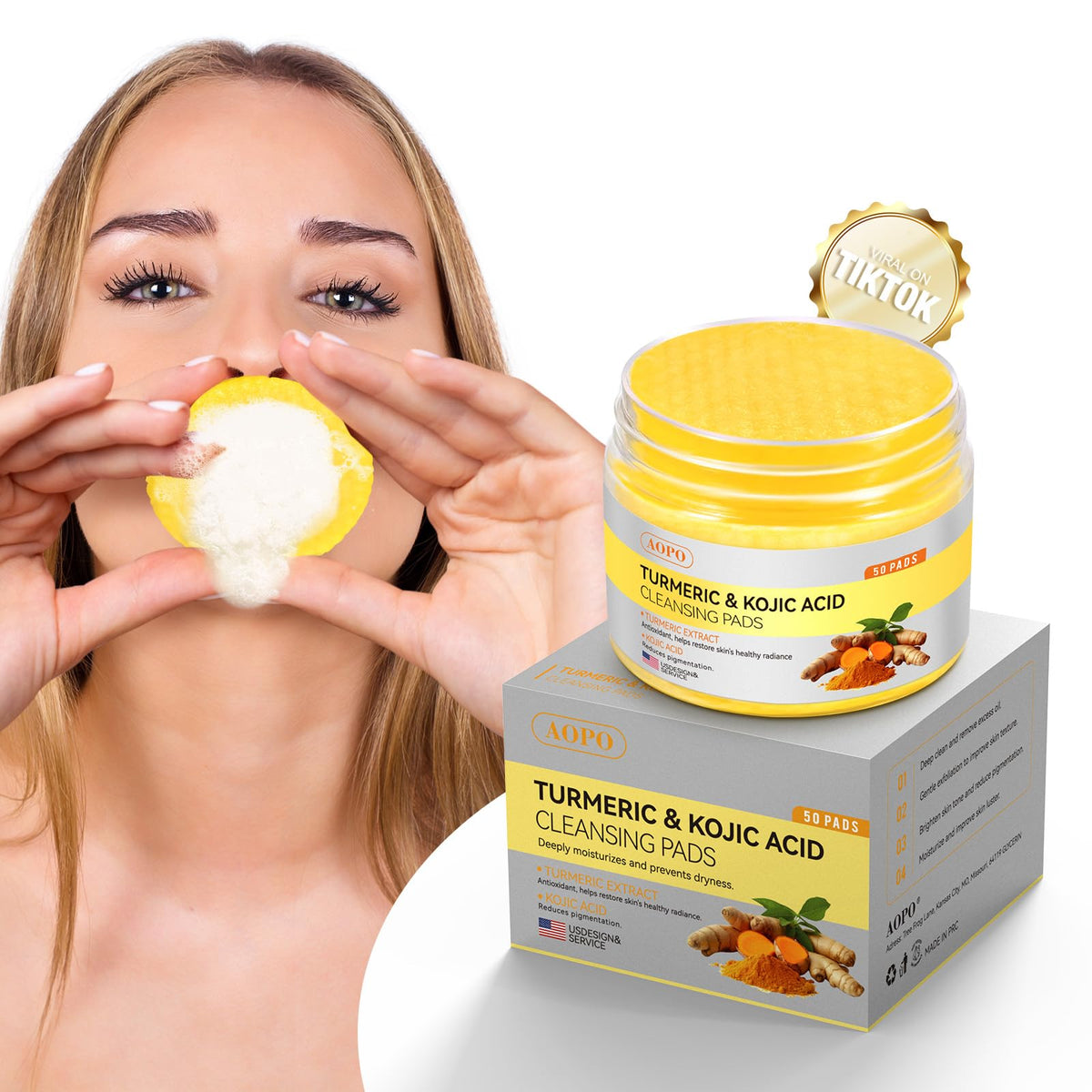 AOPO Kojic Acid and Turmeric Cleansing Pads front view with packaging