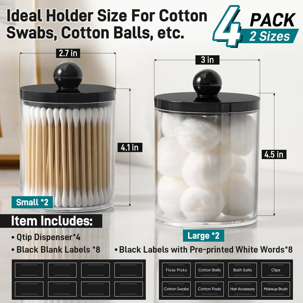 AOZITA acrylic jars with cotton swabs and cotton balls