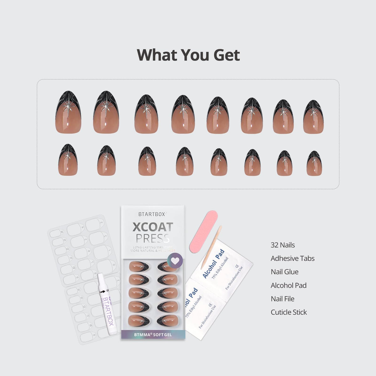 Application guide for BTArtbox Press On Nails included in the kit