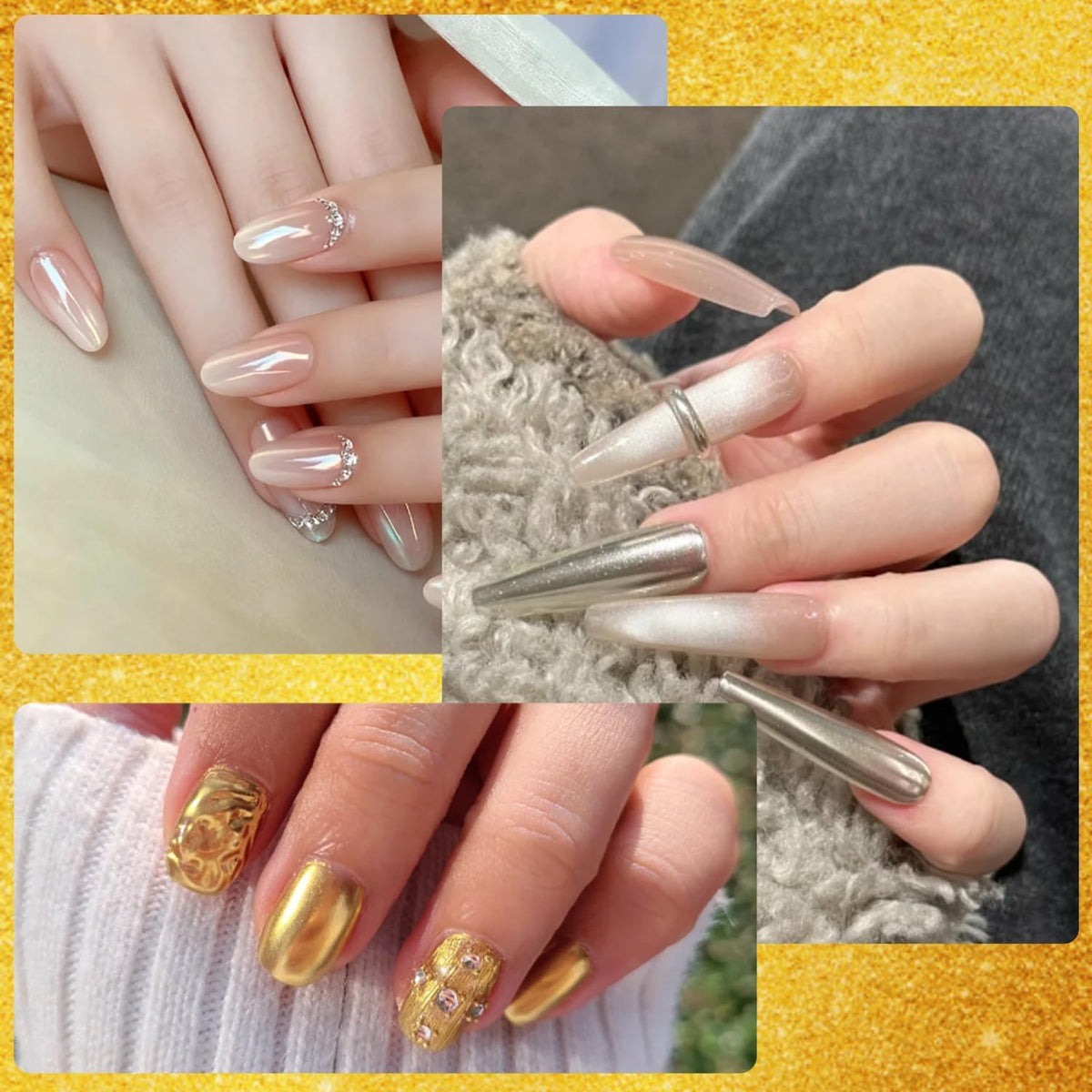 Application of chrome powder on nails with sponge stick