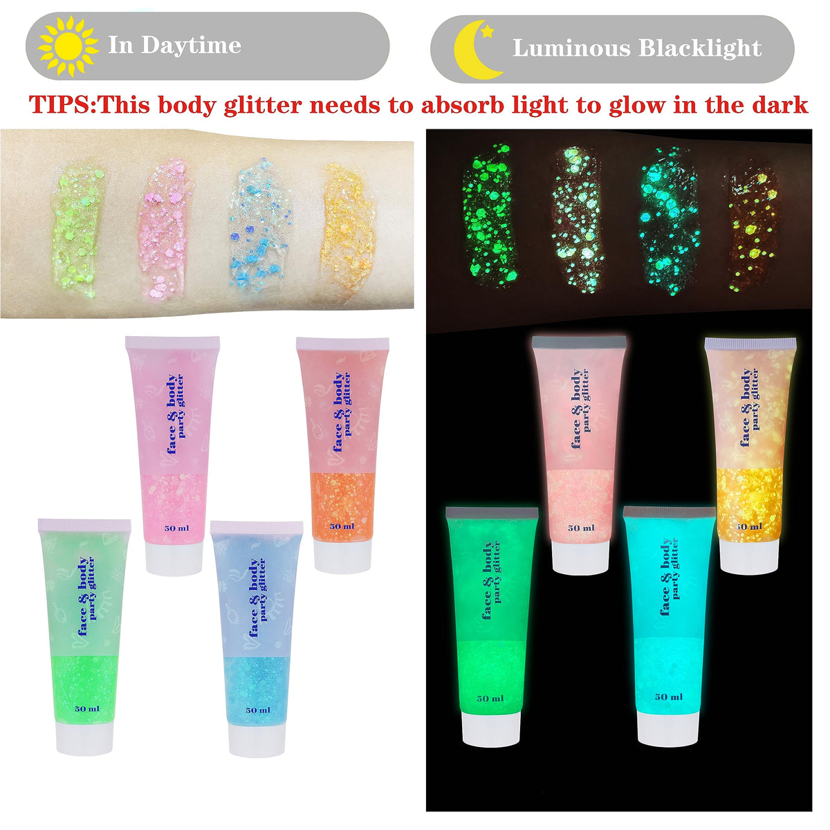 Application of MEICOLY Neon Pink Body Glitter Gel on skin