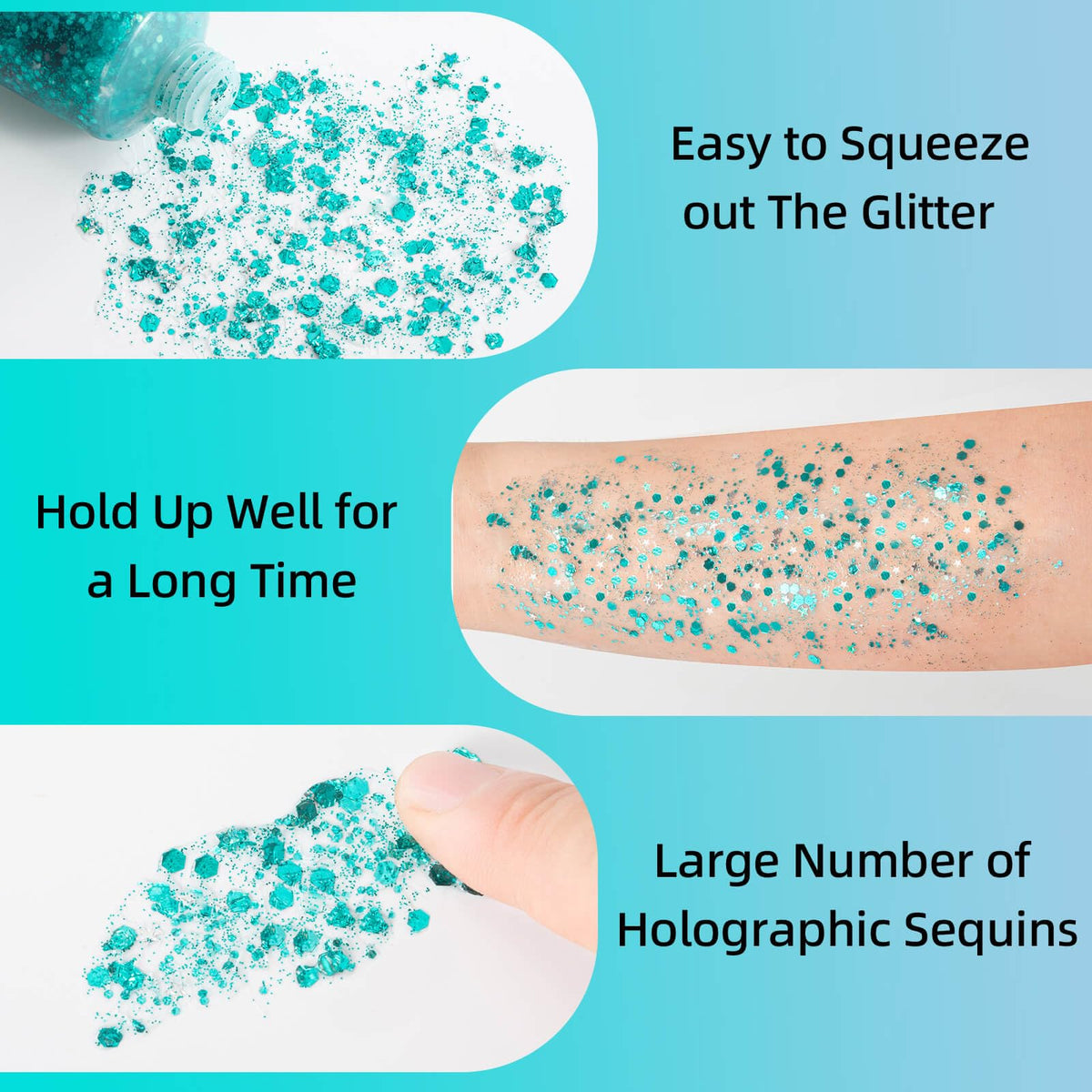 Application of MEICOLY Teal Body Glitter on skin