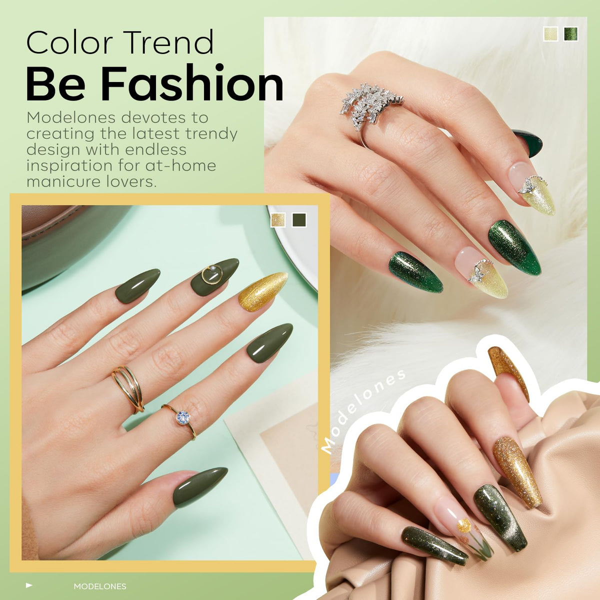 Application of modelones green cat eye gel polish on nails