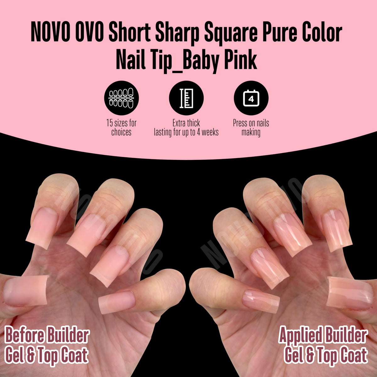 Application of NOVO OVO Short Square Nail Tips Baby Pink