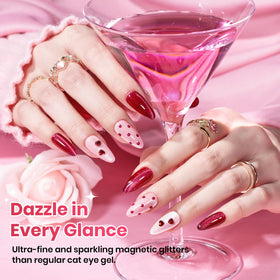Application of pink cat eye gel nail polish on nails