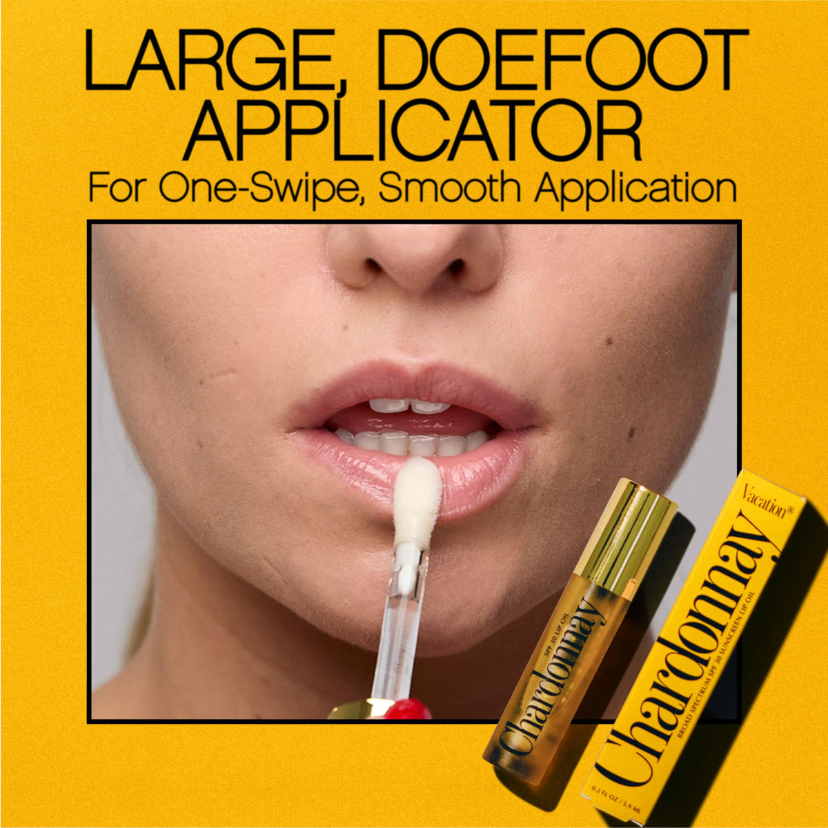Application of VACATION Lip Oil SPF 30 on lips