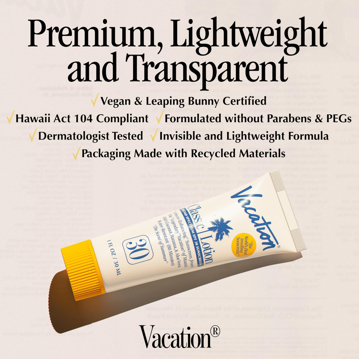Application of VACATION Mini Classic SPF 30 Sunscreen Lotion on skin