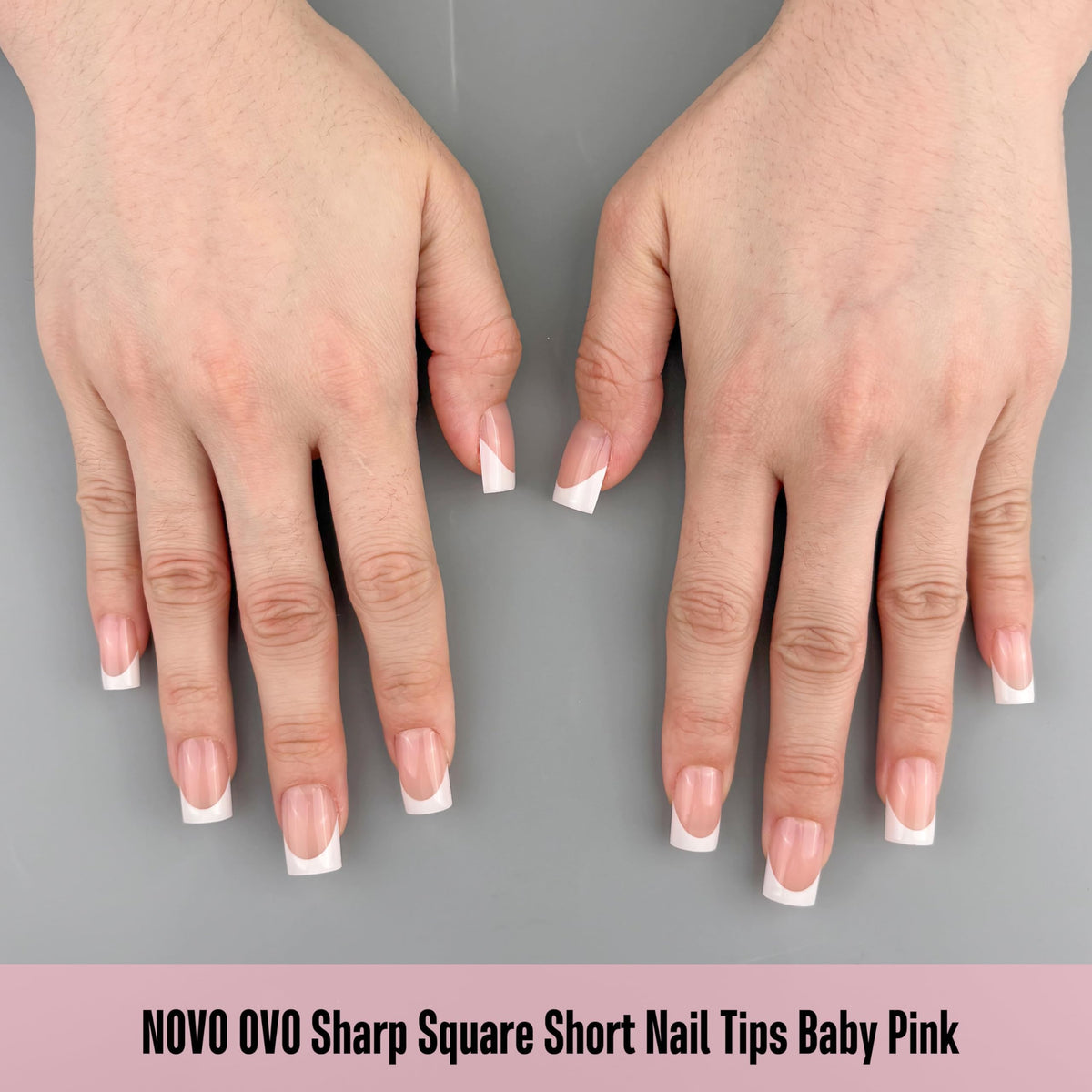 Application process of NOVO OVO Short Sharp Square French Tip Nail Tips with UV gel