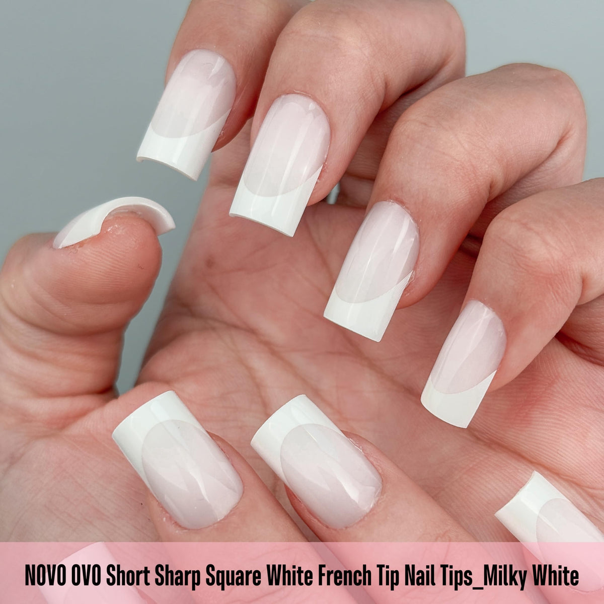 Application process of NOVO OVO Short Sharp Square White French Tip Nail Tips