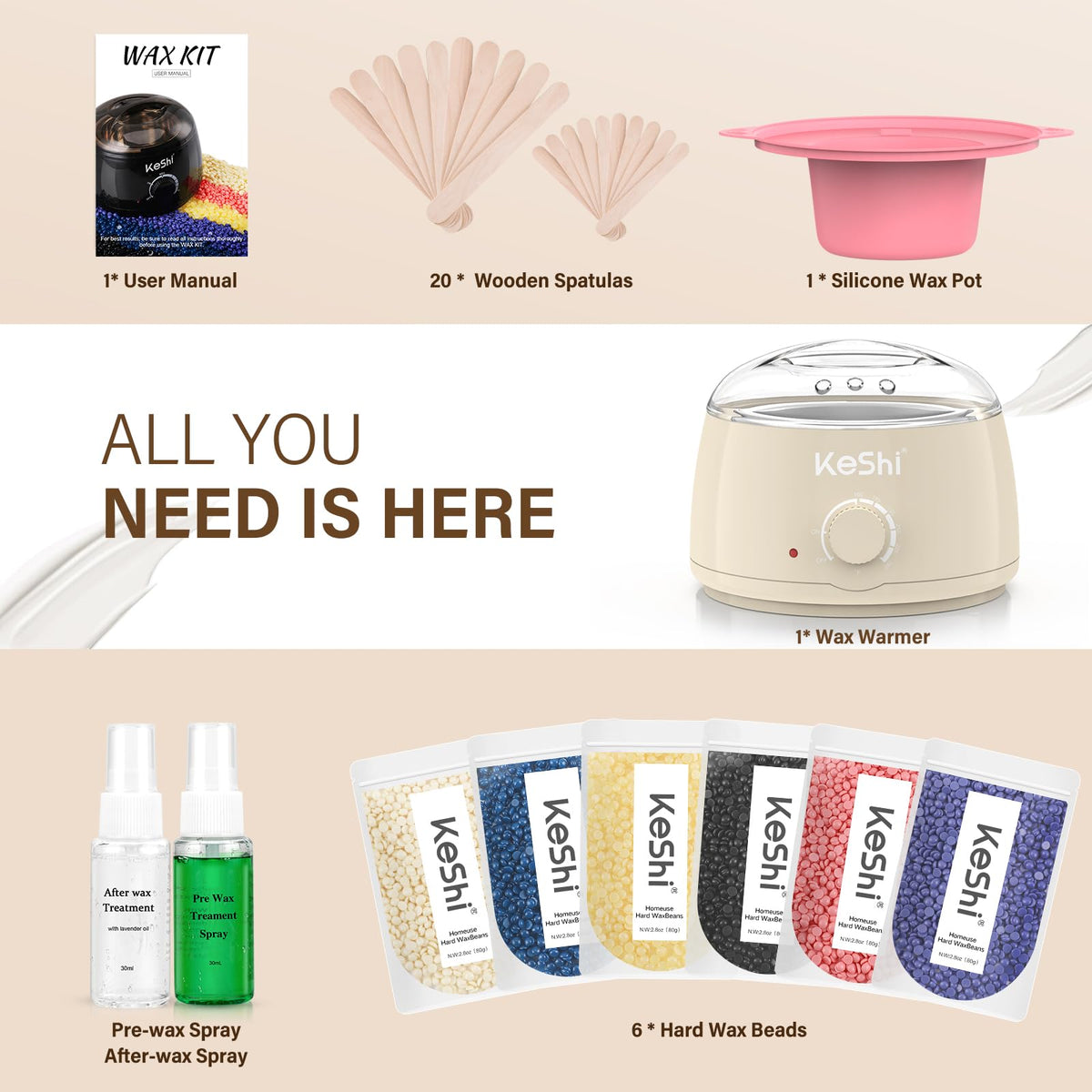 Applicator sticks and pre-wax spray from KeShi waxing kit