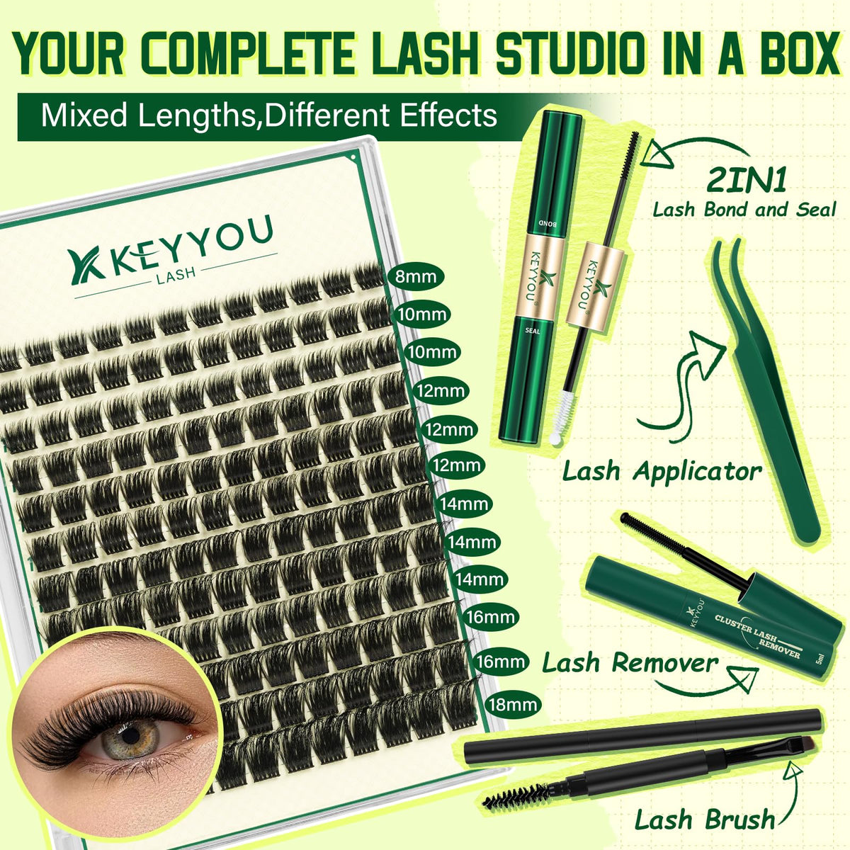 Applicators and lash brush from KEYYOU Lash Clusters Kit