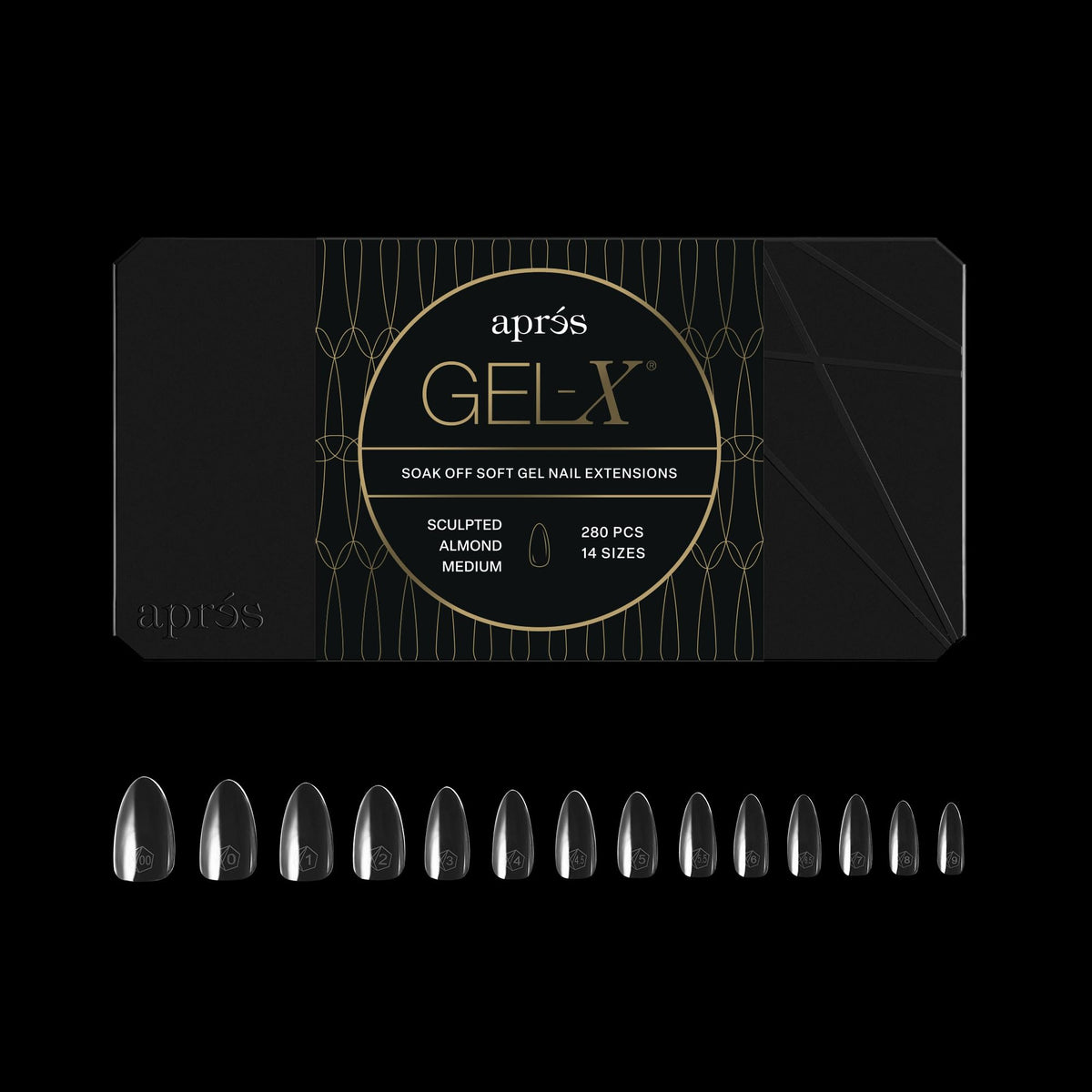 APRÉS Gel-X® Almond Nail Tips box front view with 280 tips
