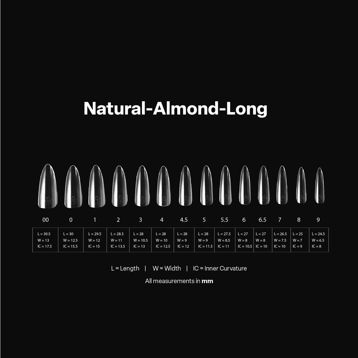 APRÉS Gel-X Almond Nail Tips showing half sizes included
