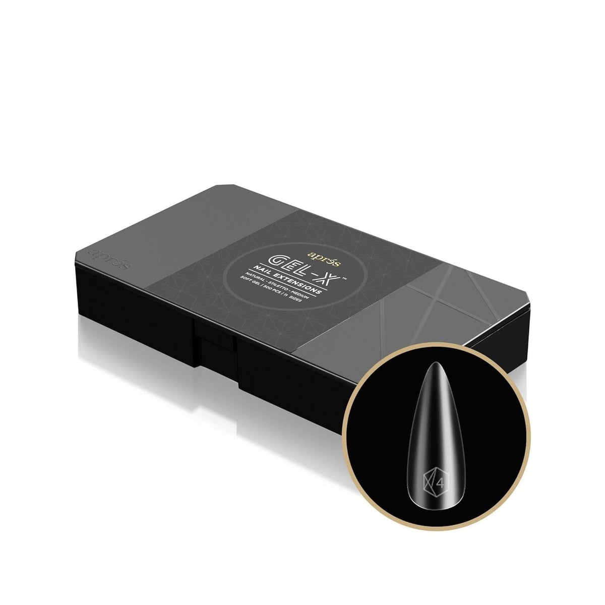 APRÉS Gel-X Natural Stiletto Medium Tip Box front view with assorted sizes