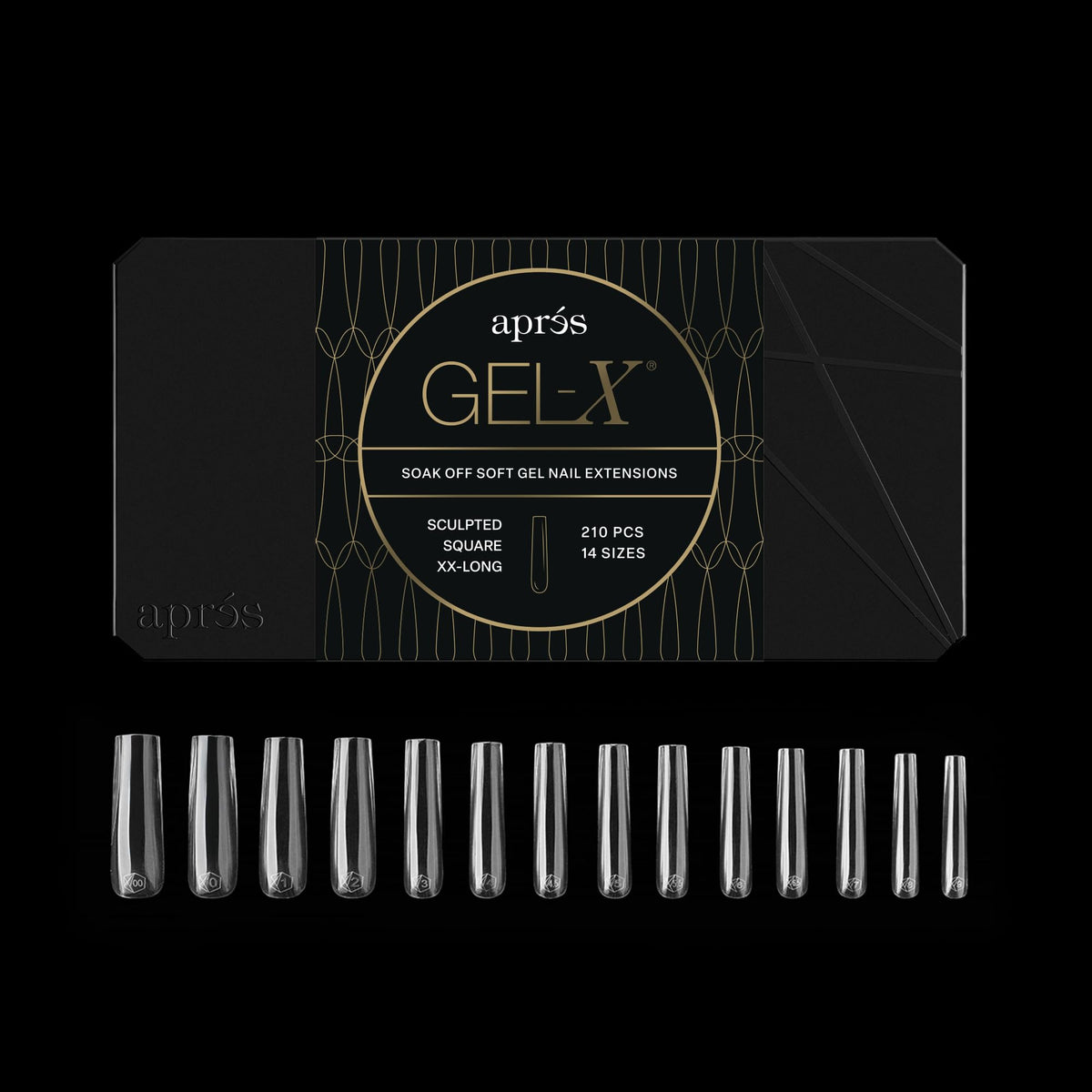 APRÉS Gel-X Sculpted Box of Nail Tips, front view with assorted sizes