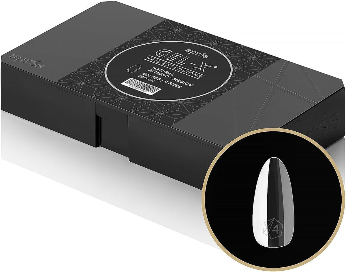 APRÉS Gel-X Soft Gel Tip Box front view with 500 natural almond nail tips