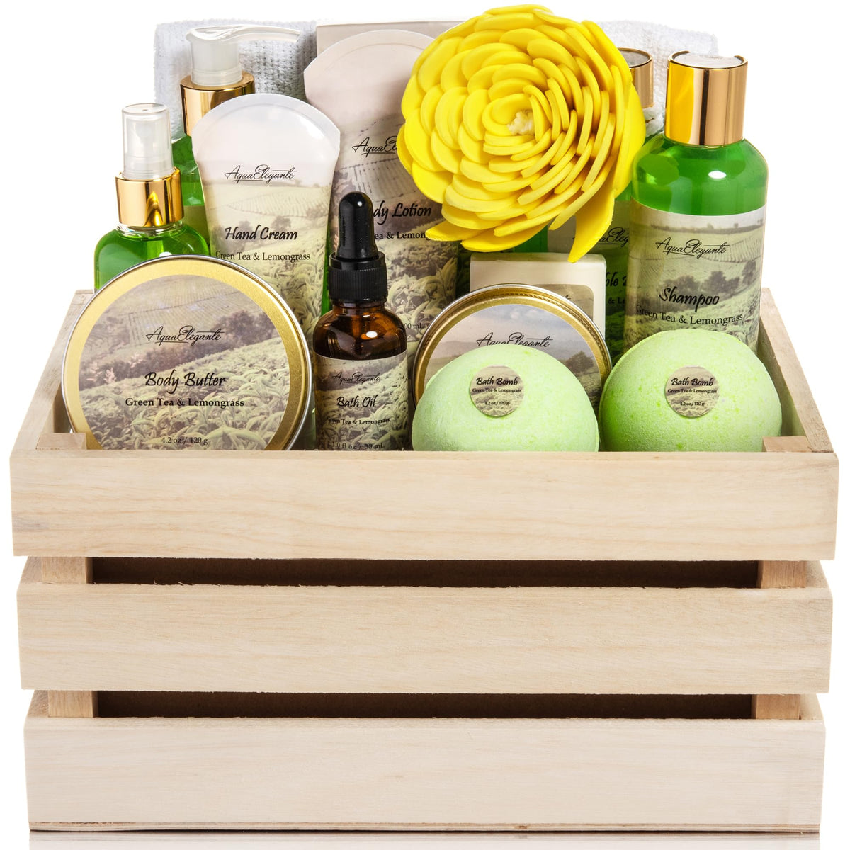 Aqua Elegante Premium Spa Gift Set in gift packaging with Green Tea and Lemongrass products