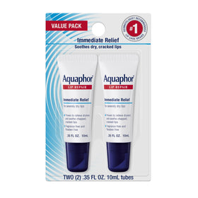 Aquaphor Lip Repair Ointment front view of two 0.35 oz tubes