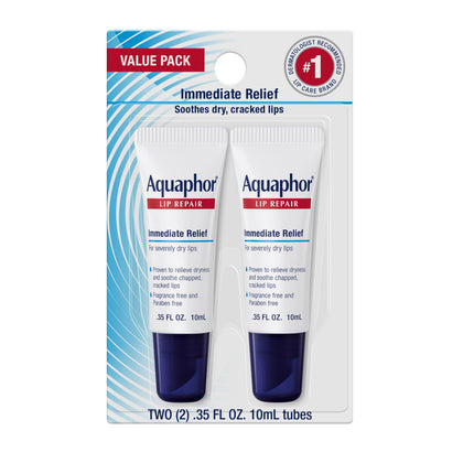 Aquaphor Lip Repair Ointment front view of two 0.35 oz tubes