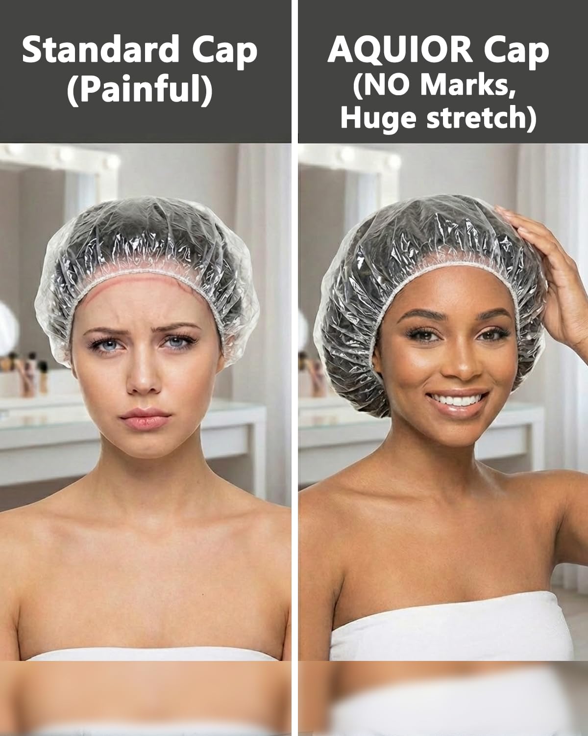 Aquior shower cap stacked in a compact package