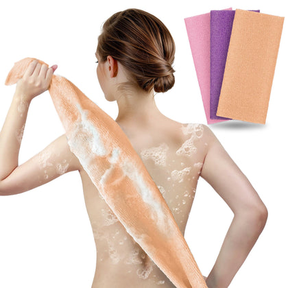 ARCH&M Exfoliating Shower Towel 3 Pack in peach, purple, and pink