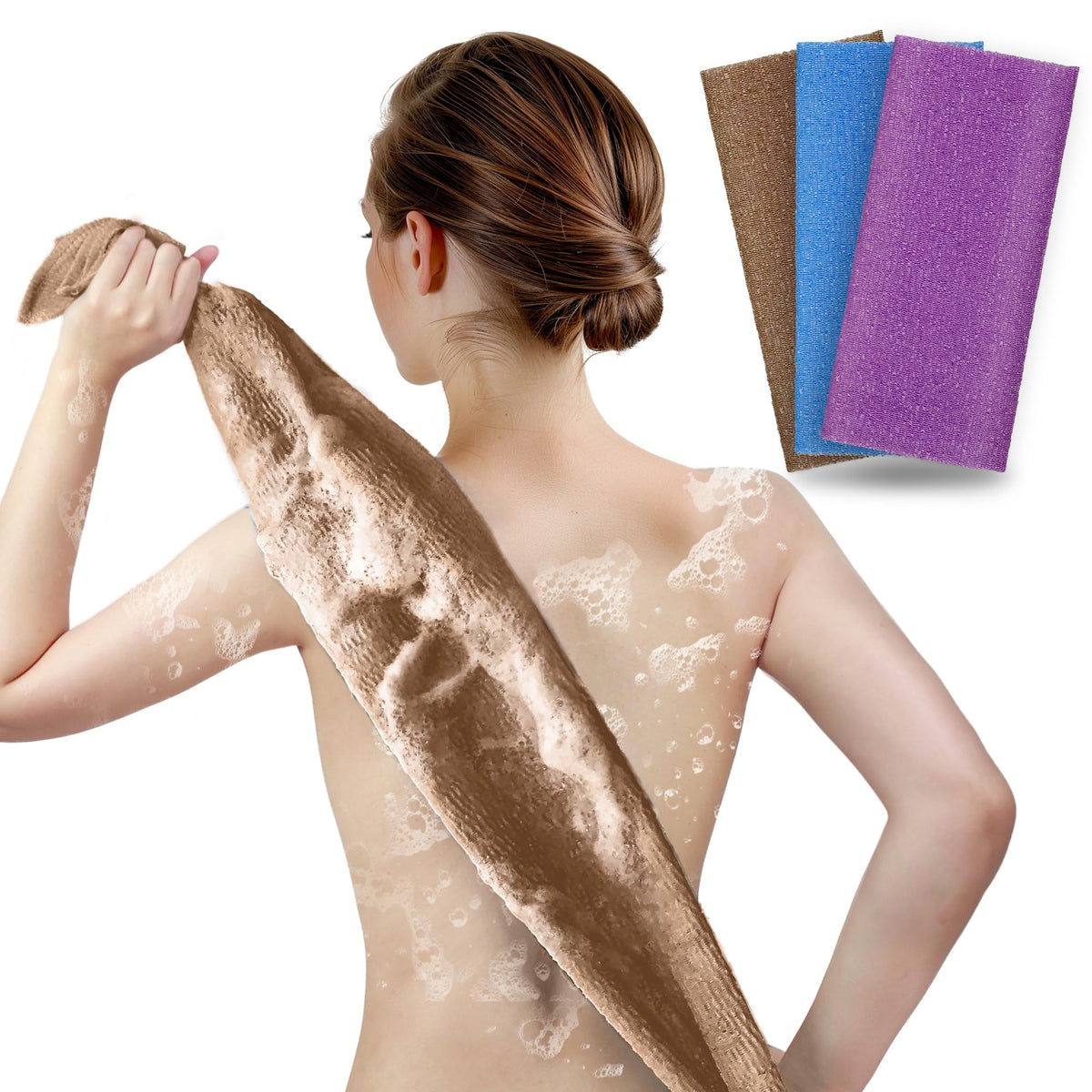 ARCH&M Exfoliating Towel 3-Pack in brown, purple, and navy-blue