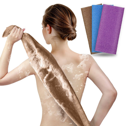 ARCH&M Exfoliating Towel 3-Pack in brown, purple, and navy-blue