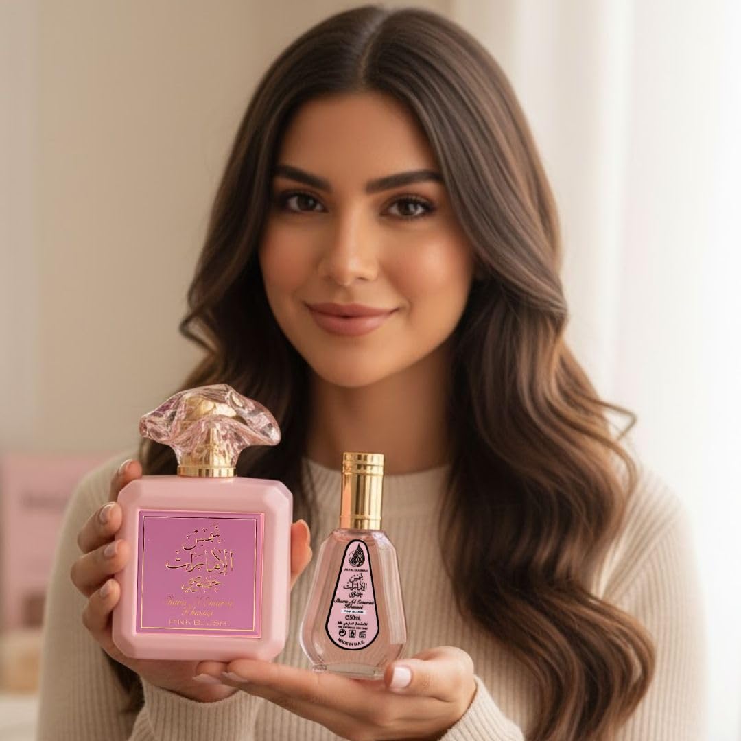 Ard Al Zaafaran Pink Blush Shams Al Emarat Khususi bottles on vanity
