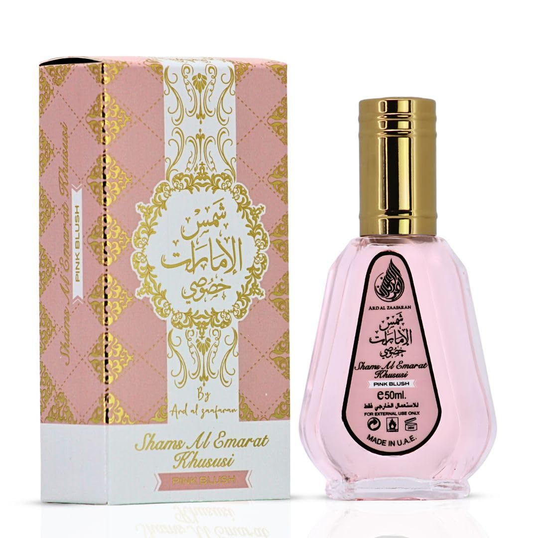Ard Al Zaafaran Pink Blush Shams Al Emarat Khususi fragrance bottles side view