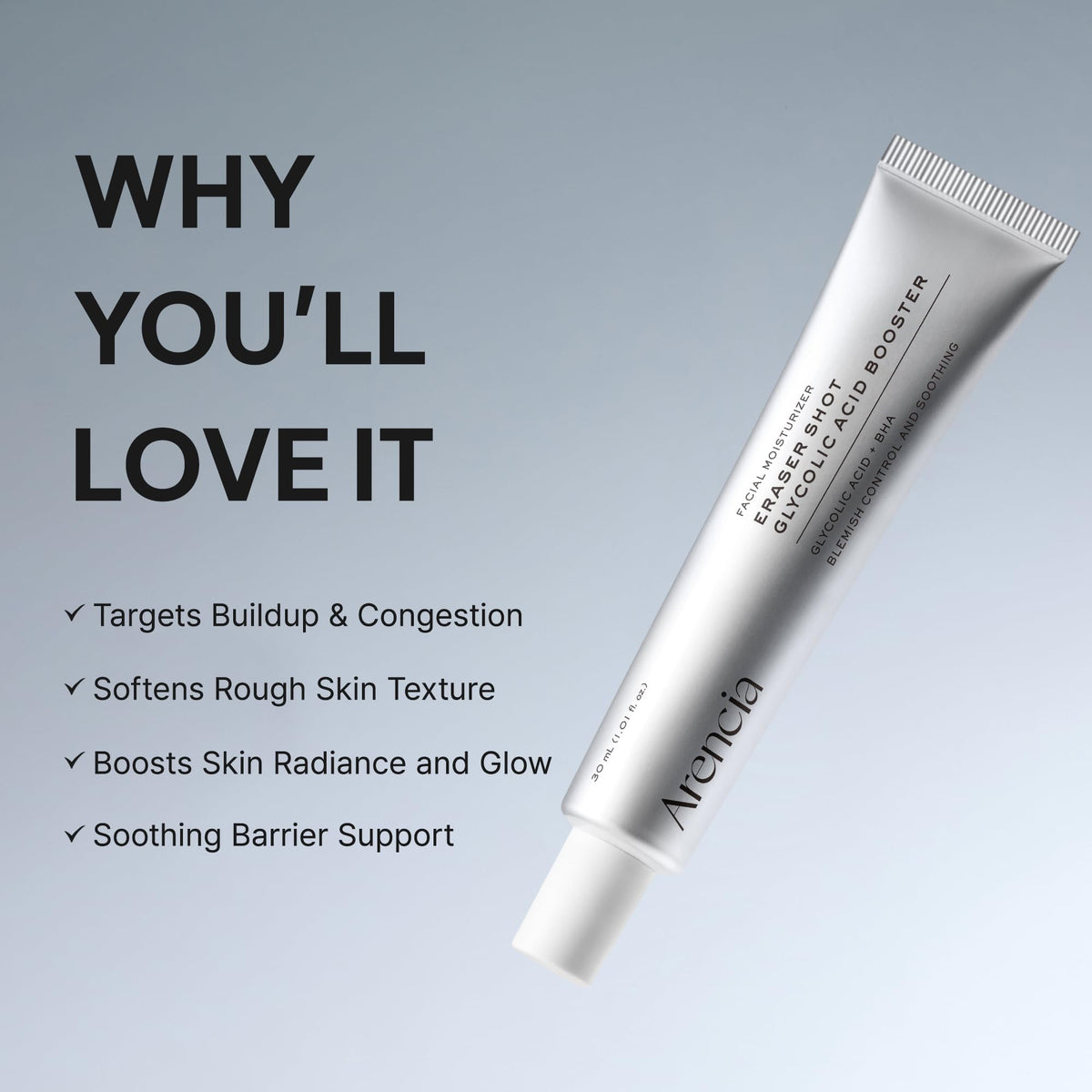 ARENCIA Eraser Shot Serum on a bathroom counter