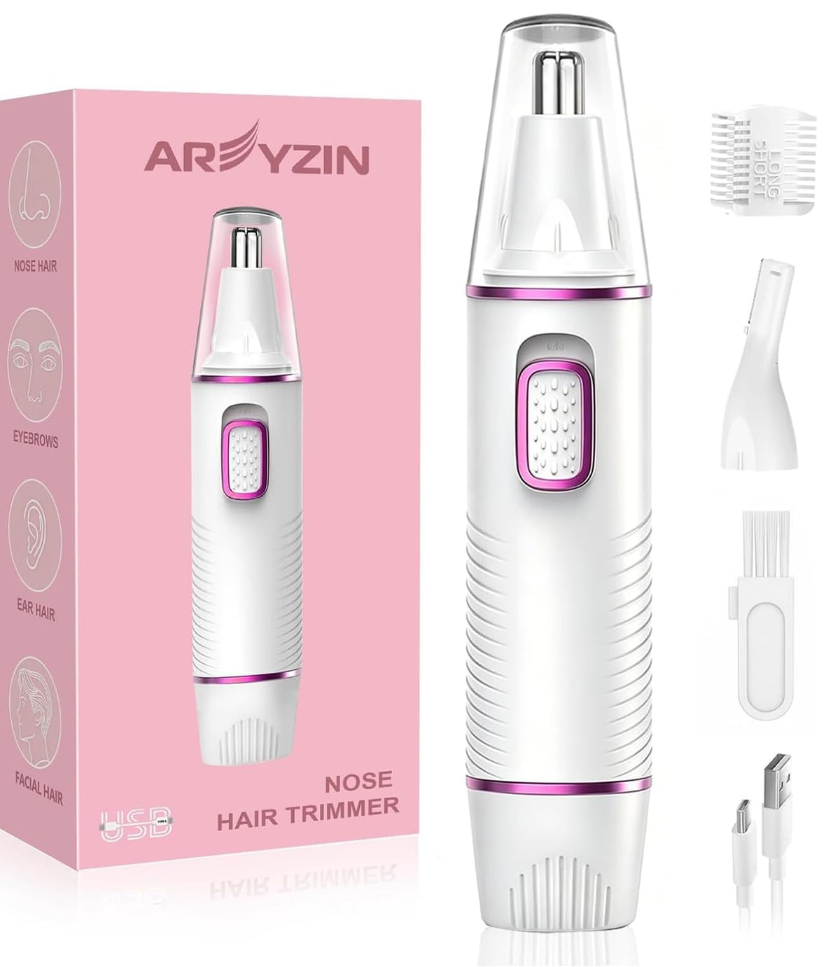 AREYZIN Nose Hair Trimmer front view with pink design