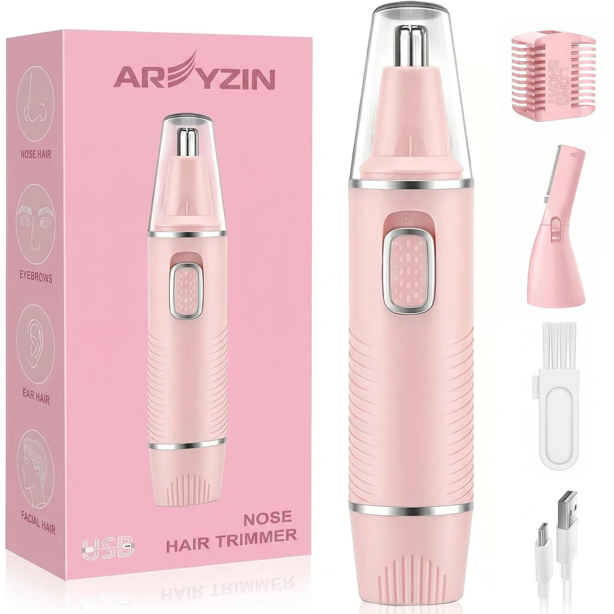 AREYZIN Nose Hair Trimmer front view with USB-C charging port