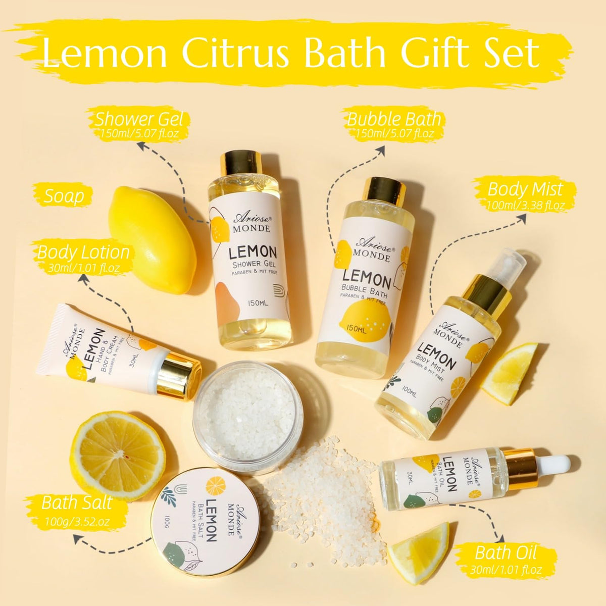 ArioseMonde Lemon Home Spa Gift Basket contents including shower gel and body mist