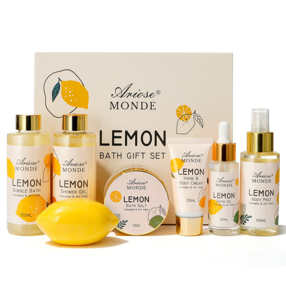 ArioseMonde Lemon Home Spa Gift Basket top view with products arranged