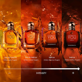 Armani Beauty Stronger With You Intensely cologne set on a table