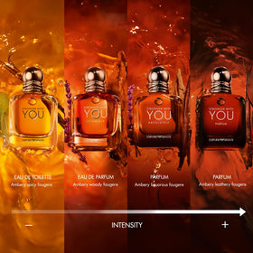 Armani Beauty Stronger With You Parfum on a dressing table