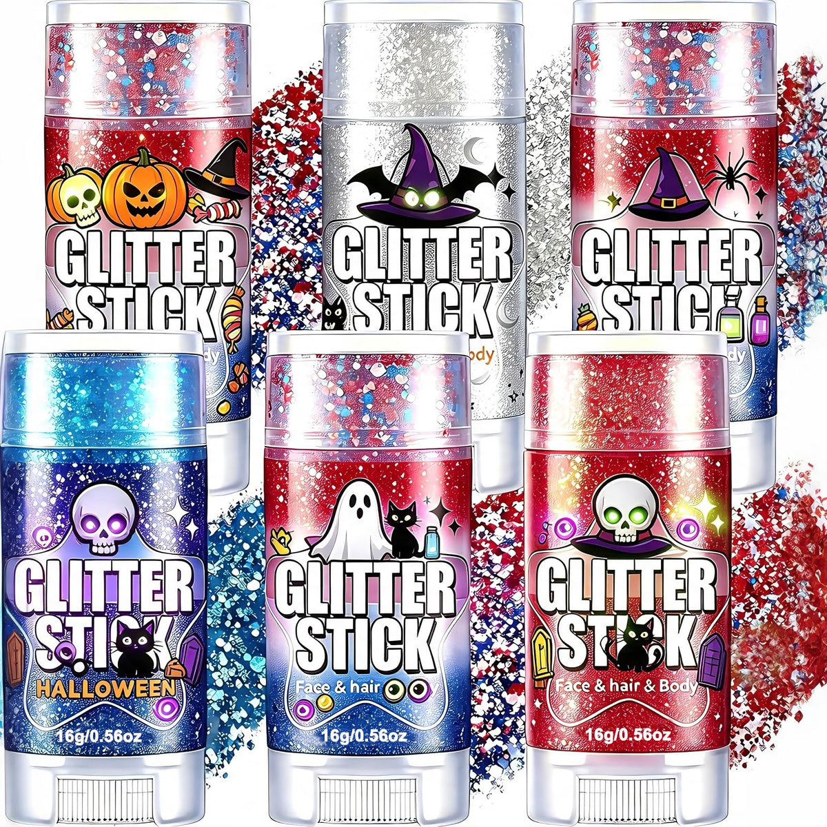 AROIC 6Pcs Body Glitter Stick Set with red, white, and blue shades