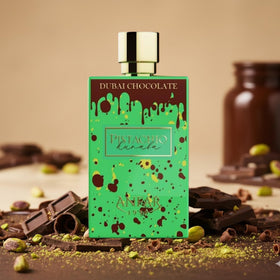 AROMA CONCEPTS Dubai Chocolate Perfume bottle with dessert background