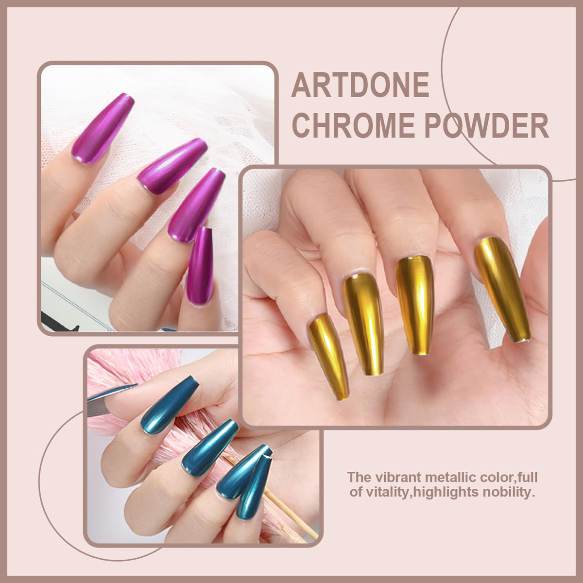 Artdone chrome nail powders displayed on a white background