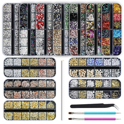 Artdone Nail Rhinestones Glitter Kit front view with 12 boxes