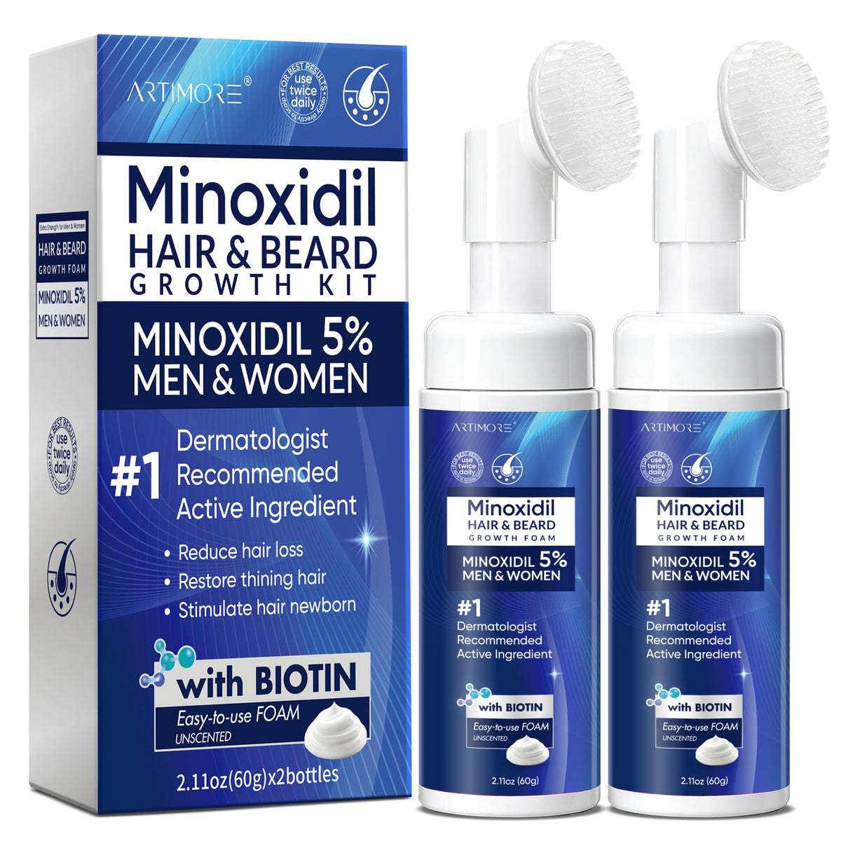 Artimore 5% Minoxidil Foam front view, 120ml bottle