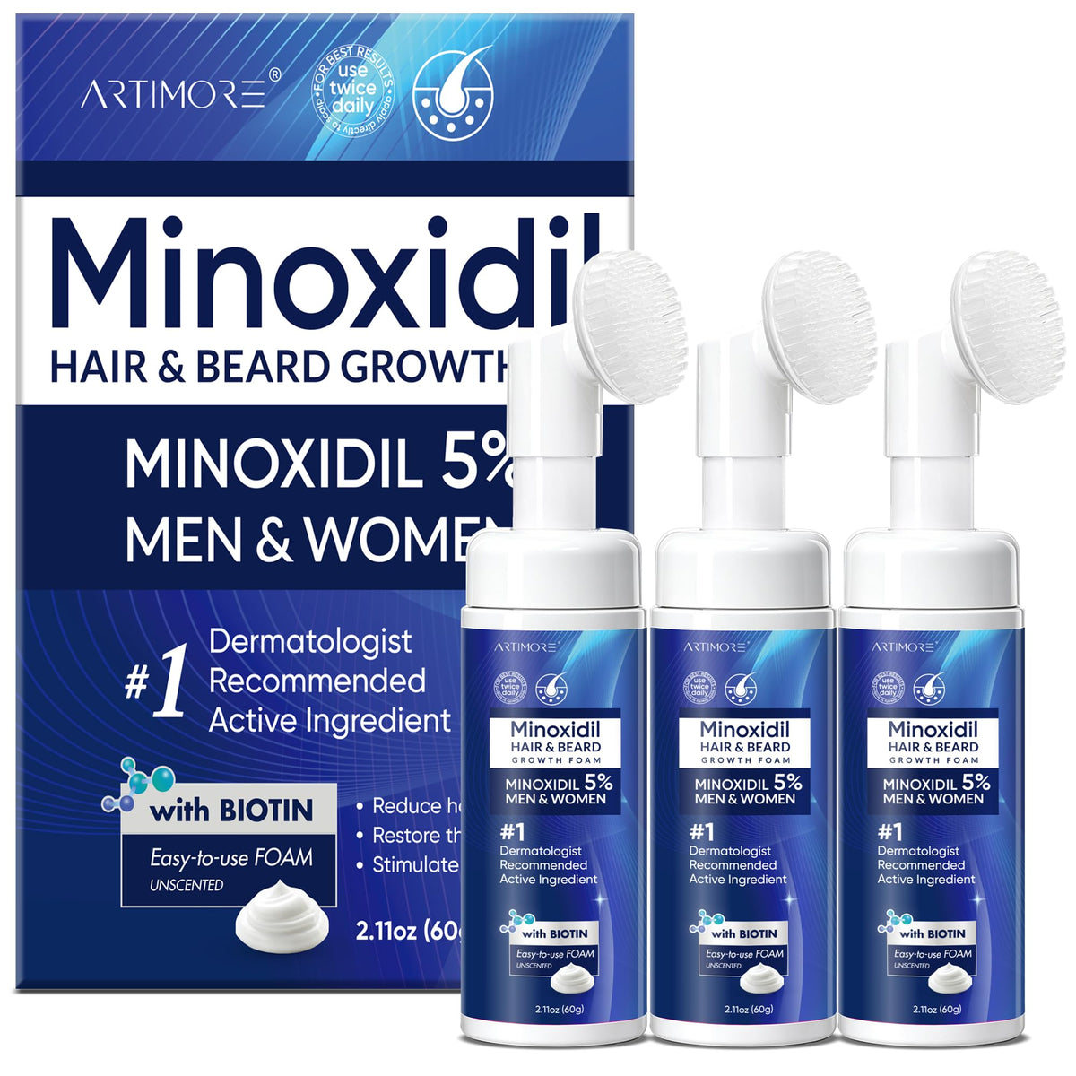 Artimore 5% Minoxidil Foam front view, 180ML bottle