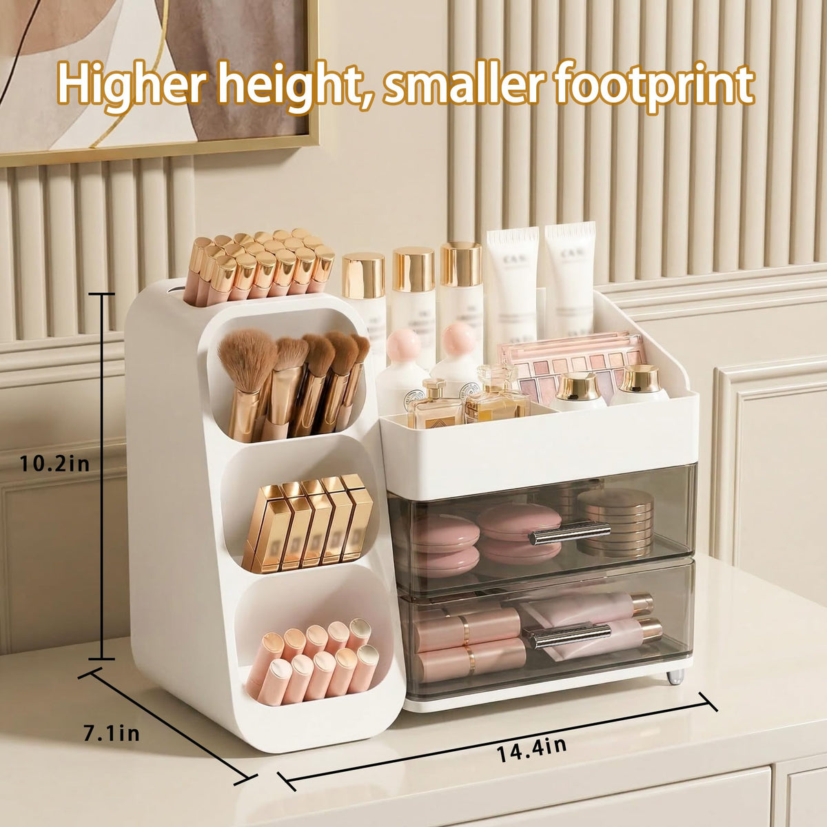 Asdbko Large Capacity Makeup Organizer filled with makeup brushes and lipsticks