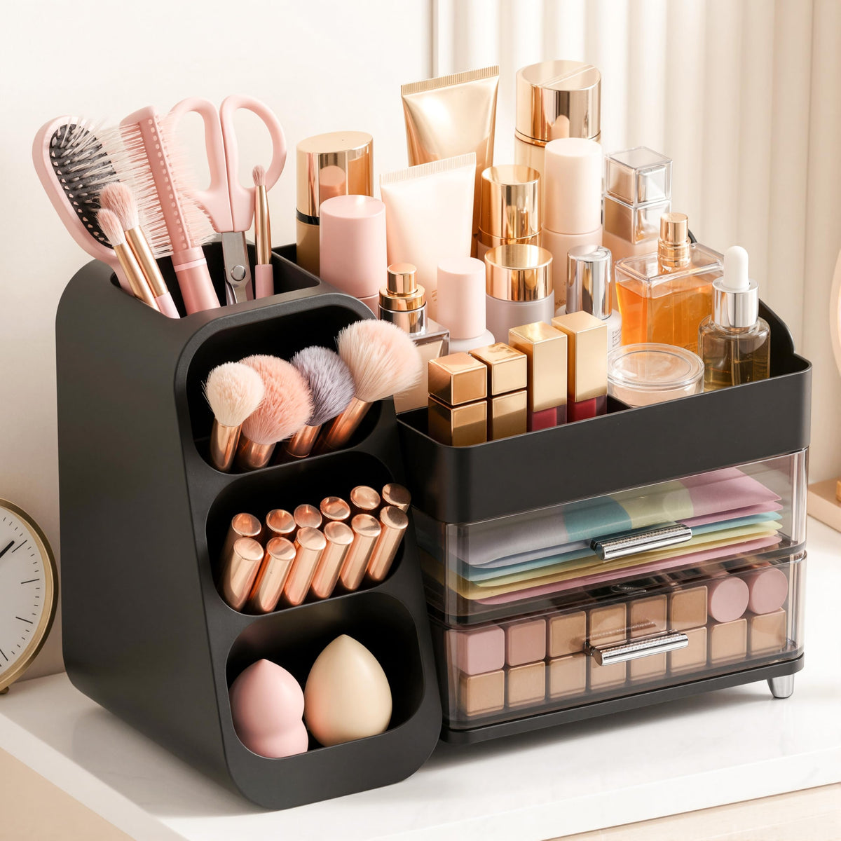 Asdbko large capacity makeup organizer front view in black
