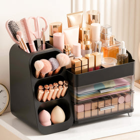 Asdbko large capacity makeup organizer front view in black