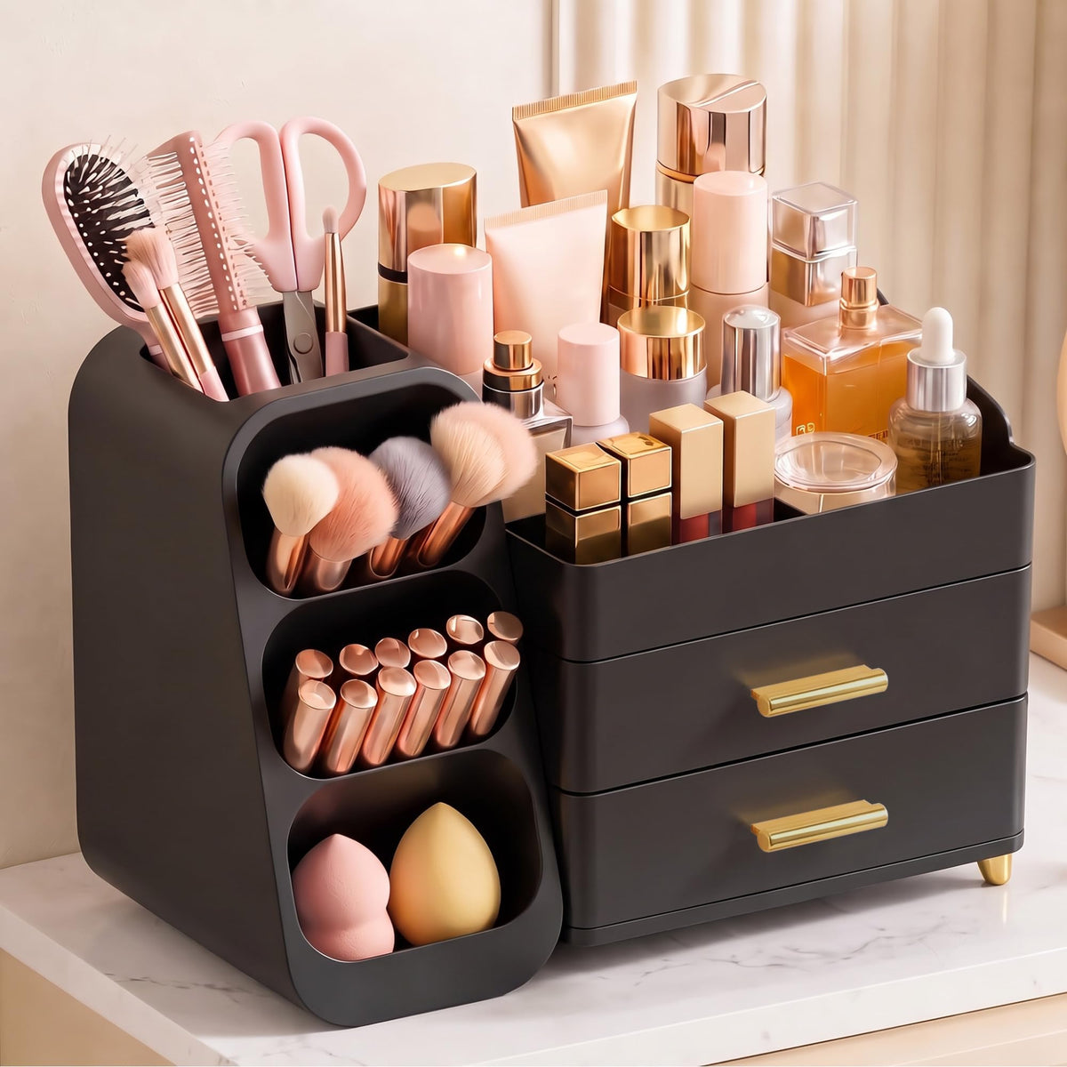 Asdbko Large Capacity Makeup Organizer front view with brush holder