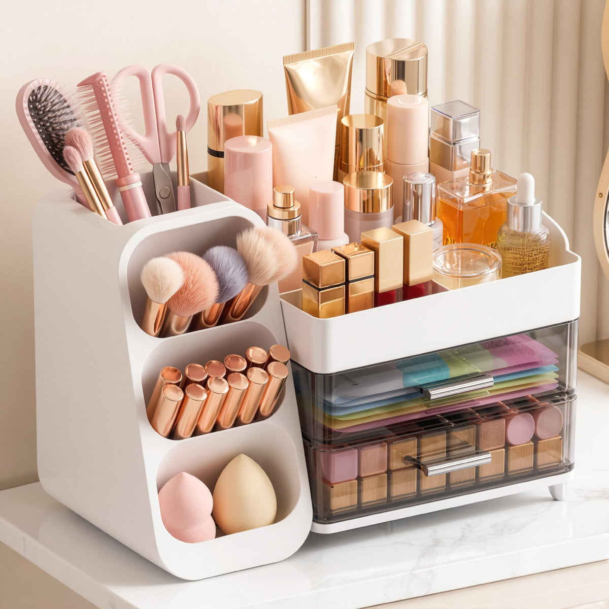 Asdbko Large Capacity Makeup Organizer front view with brush holder