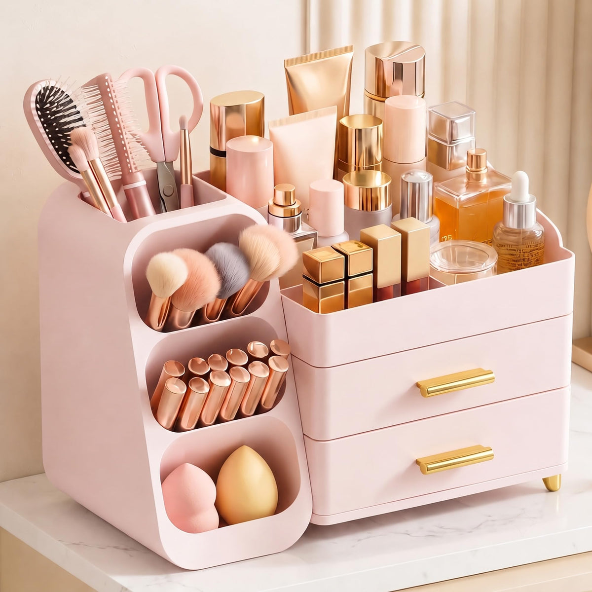 Asdbko Large Capacity Makeup Organizer front view with brush holder