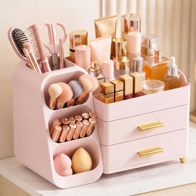 Asdbko Large Capacity Makeup Organizer front view with brush holder