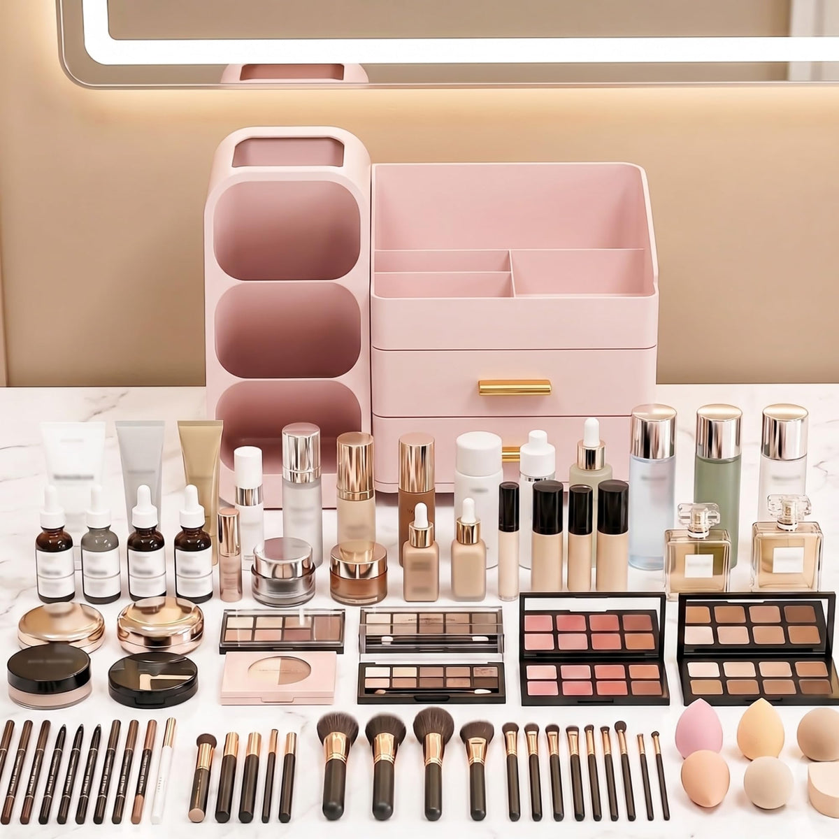 Asdbko Large Capacity Makeup Organizer on a bathroom countertop